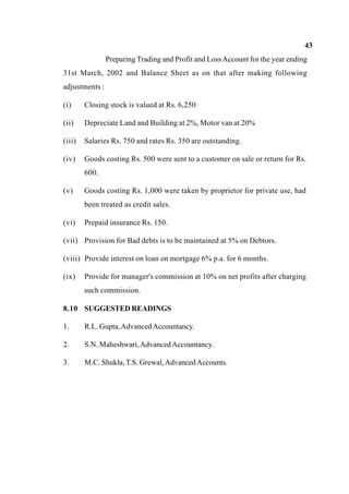 43
Preparing Trading and Profit and LossAccount for the year ending
31st March, 2002 and Balance Sheet as on that after making following
adjustments :
(i) Closing stock is valued at Rs. 6,250
(ii) Depreciate Land and Building at 2%, Motor van at 20%
(iii) Salaries Rs. 750 and rates Rs. 350 are outstanding.
(iv) Goods costing Rs. 500 were sent to a customer on sale or return for Rs.
600.
(v) Goods costing Rs. 1,000 were taken by proprietor for private use, had
been treated as credit sales.
(vi) Prepaid insurance Rs. 150.
(vii) Provision for Bad debts is to be maintained at 5% on Debtors.
(viii) Provide interest on loan on mortgage 6% p.a. for 6 months.
(ix) Provide for manager's commission at 10% on net profits after charging
such commission.
8.10 SUGGESTED READINGS
1. R.L. Gupta,AdvancedAccountancy.
2. S.N. Maheshwari,AdvancedAccountancy.
3. M.C. Shukla, T.S. Grewal,AdvancedAccounts.
 
