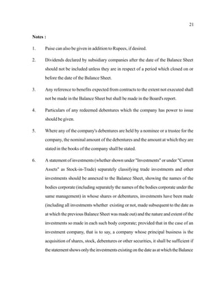 21
Notes :
1. Paise can also be given in addition to Rupees, if desired.
2. Dividends declared by subsidiary companies after the date of the Balance Sheet
should not be included unless they are in respect of a period which closed on or
before the date of the Balance Sheet.
3. Any reference to benefits expected from contracts to the extent not executed shall
not be made in the Balance Sheet but shall be made in the Board's report.
4. Particulars of any redeemed debentures which the company has power to issue
should be given.
5. Where any of the company's debentures are held by a nominee or a trustee for the
company, the nominal amount of the debentures and the amount at which they are
stated in the books of the company shall be stated.
6. A statement of investments (whether shown under "Investments" or under "Current
Assets" as Stock-in-Trade) separately classifying trade investments and other
investments should be annexed to the Balance Sheet, showing the names of the
bodies corporate (including separately the names of the bodies corporate under the
same management) in whose shares or debentures, investments have been made
(including all investments whether existing or not, made subsequent to the date as
at which the previous Balance Sheet was made out) and the nature and extent of the
investments so made in each such body corporate; provided that in the case of an
investment company, that is to say, a company whose principal business is the
acquisition of shares, stock, debentures or other securities, it shall be sufficient if
thestatementshowsonlytheinvestmentsexistingonthedateasatwhichtheBalance
 
