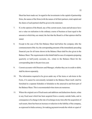 22
Sheet has been made out. In regard to the investments in the capital of partnership
firms, the names of the firms (with the names of all their partners, total capital and
the shares of each partner) shall be given in the statement.
7. If, in the opinion of the Board, any of the current assets, loans and advances have
not a value on realisation in the ordinary course of business at least equal to the
amount at which they are stated, the fact that the Board is of that opinion shall be
stated.
8. Except in the case of the first Balance Sheet laid before the company after the
commencement of the Act, the corresponding amounts of the immediately preceding
financial year for all items shown in the Balance Sheet shall be also given in the
Balance Sheet. The requirements in this behalf shall in case of companies preparing
quarterly or half-yearly accounts, etc., relate to the Balance Sheet for the
corresponding date in the previous year.
9. Current accounts with Directors and Manager, whether they are in credit or debit,
shall be shown separately.
10. The information required to be given under any of the items or sub-items in the
Form, if it cannot be conveniently included in the Balance Sheet itself, shall be
furnished in a separate Schedule or Schedules to the annexed to and form part of
the Balance Sheet. This is recommended when items are numerous.
11. Where the original cost of fixed assets and additions and deductions thereto, relate
to any fixed asset which has been acquired from a country outside India, and in
consequence of a change in the rate of exchange at any time after the acquisition of
such assets, there has been an increase or reduction in the liability of the company,
as expressed in India currency, for making payment towards the whole or a part of
 