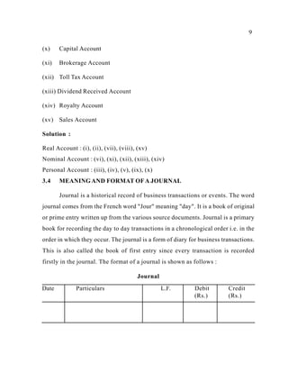 9
(x) Capital Account
(xi) Brokerage Account
(xii) Toll Tax Account
(xiii) Dividend Received Account
(xiv) Royalty Account
(xv) Sales Account
Solution :
Real Account : (i), (ii), (vii), (viii), (xv)
Nominal Account : (vi), (xi), (xii), (xiii), (xiv)
Personal Account : (iii), (iv), (v), (ix), (x)
3.4 MEANING AND FORMAT OFA JOURNAL
Journal is a historical record of business transactions or events. The word
journal comes from the French word "Jour" meaning "day". It is a book of original
or prime entry written up from the various source documents. Journal is a primary
book for recording the day to day transactions in a chronological order i.e. in the
order in which they occur. The journal is a form of diary for business transactions.
This is also called the book of first entry since every transaction is recorded
firstly in the journal. The format of a journal is shown as follows :
Journal
Date Particulars L.F. Debit
(Rs.)
Credit
(Rs.)
 