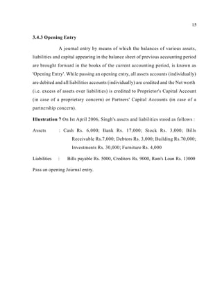 15
3.4.3 Opening Entry
A journal entry by means of which the balances of various assets,
liabilities and capital appearing in the balance sheet of previous accounting period
are brought forward in the books of the current accounting period, is known as
'Opening Entry'. While passing an opening entry, all assets accounts (individually)
are debited and all liabilities accounts (individually) are credited and the Net worth
(i.e. excess of assets over liabilities) is credited to Proprietor's Capital Account
(in case of a proprietary concern) or Partners' Capital Accounts (in case of a
partnership concern).
Illustration 7 On Ist April 2006, Singh's assets and liabilities stood as follows :
Assets : Cash Rs. 6,000; Bank Rs. 17,000; Stock Rs. 3,000; Bills
Receivable Rs.7,000; Debtors Rs. 3,000; Building Rs.70,000;
Investments Rs. 30,000; Furniture Rs. 4,000
Liabilities : Bills payable Rs. 5000, Creditors Rs. 9000, Ram's Loan Rs. 13000
Pass an opening Journal entry.
 