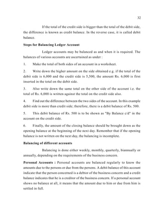 32
If the total of the credit side is bigger than the total of the debit side,
the difference is known as credit balance. In the reverse case, it is called debit
balance.
Steps for Balancing Ledger Account
Ledger accounts may be balanced as and when it is required. The
balances of various accounts are ascertained as under :
1. Make the total of both sides of an account in a worksheet.
2. Write down the higher amount on the side obtained e.g. if the total of the
debit side is 6,000 and the credit side is 5,500, the amount Rs. 6,000 is first
inserted in the total on the debit side.
3. Also write down the same total on the other side of the account i.e. the
total of Rs. 6,000 is written against the total on the credit side also.
4. Find out the difference between the two sides of the account. In this example
debit side is more than credit side; therefore, there is a debit balance of Rs. 500.
5. This debit balance of Rs. 500 is to be shown as "By Balance c/d" in the
account on the credit side.
6. Finally, the amount of the closing balance should be brought down as the
opening balance at the beginning of the next day. Remember that if the opening
balance is not written on the next day, the balancing is incomplete.
Balancing of different accounts
Balancing is done either weekly, monthly, quarterly, biannually or
annually, depending on the requirements of the business concern.
Personal Accounts : Personal accounts are balanced regularly to know the
amounts due to the persons or due from the persons. A debit balance of this account
indicate that the person concerned is a debtor of the business concern and a credit
balance indicates that he is a creditor of the business concern. If a personal account
shows no balance at all, it means that the amount due to him or due from him is
settled in full.
 
