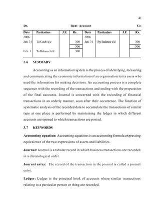 41
Dr. Rent Account Cr.
Date Particulars J.F. Rs. Date Particulars J.F. Rs.
2006
Jan. 31
Feb. 1
To CashA/c
To Balance b/d
300
2006
Jan. 31 ByBalance c/d 300
300 300
300
3.6 SUMMARY
Accounting as an information system is the process of identifying, measuring
and communicating the economic information of an organisation to its users who
need the information for making decisions. An accounting process is a complete
sequence with the recording of the transactions and ending with the preparation
of the final accounts. Journal is concerned with the recording of financial
transactions in an orderly manner, soon after their occurrence. The function of
systematic analysis of the recorded data to accumulate the transactions of similar
type at one place is performed by maintaining the ledger in which different
accounts are opened to which transactions are posted.
3.7 KEYWORDS
Accounting equation: Accounting equations is an accounting formula expressing
equivalence of the two expressions of assets and liabilities.
Journal: Journal is a tabular record in which business transactions are recorded
in a chronological order.
Journal entry: The record of the transaction in the journal is called a journal
entry.
Ledger: Ledger is the principal book of accounts where similar transactions
relating to a particular person or thing are recorded.
 