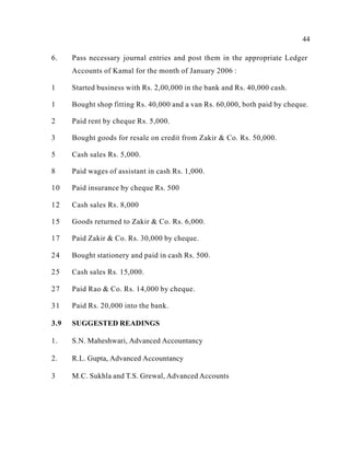 44
6. Pass necessary journal entries and post them in the appropriate Ledger
Accounts of Kamal for the month of January 2006 :
1 Started business with Rs. 2,00,000 in the bank and Rs. 40,000 cash.
1 Bought shop fitting Rs. 40,000 and a van Rs. 60,000, both paid by cheque.
2 Paid rent by cheque Rs. 5,000.
3 Bought goods for resale on credit from Zakir & Co. Rs. 50,000.
5 Cash sales Rs. 5,000.
8 Paid wages of assistant in cash Rs. 1,000.
10 Paid insurance by cheque Rs. 500
12 Cash sales Rs. 8,000
15 Goods returned to Zakir & Co. Rs. 6,000.
17 Paid Zakir & Co. Rs. 30,000 by cheque.
24 Bought stationery and paid in cash Rs. 500.
25 Cash sales Rs. 15,000.
27 Paid Rao & Co. Rs. 14,000 by cheque.
31 Paid Rs. 20,000 into the bank.
3.9 SUGGESTED READINGS
1. S.N. Maheshwari, Advanced Accountancy
2. R.L. Gupta, Advanced Accountancy
3 M.C. Sukhla and T.S. Grewal, Advanced Accounts
 