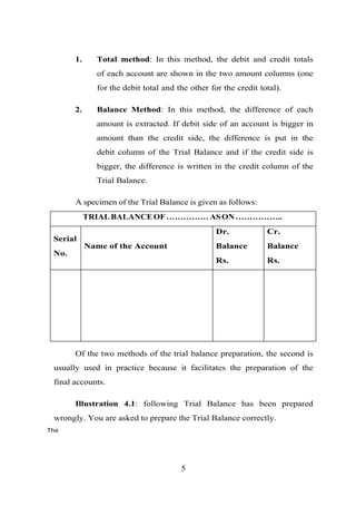 1. Total method: In this method, the debit and credit totals
of each account are shown in the two amount columns (one
for the debit total and the other for the credit total).
2. Balance Method: In this method, the difference of each
amount is extracted. If debit side of an account is bigger in
amount than the credit side, the difference is put in the
debit column of the Trial Balance and if the credit side is
bigger, the difference is written in the credit column of the
Trial Balance.
A specimen of the Trial Balance is given as follows:
TRIALBALANCEOF……………ASON……………..
Serial
No.
Name of the Account
Dr.
Balance
Rs.
Cr.
Balance
Rs.
Of the two methods of the trial balance preparation, the second is
usually used in practice because it facilitates the preparation of the
final accounts.
Illustration 4.1: following Trial Balance has been prepared
wrongly. You are asked to prepare the Trial Balance correctly.
The
5
 