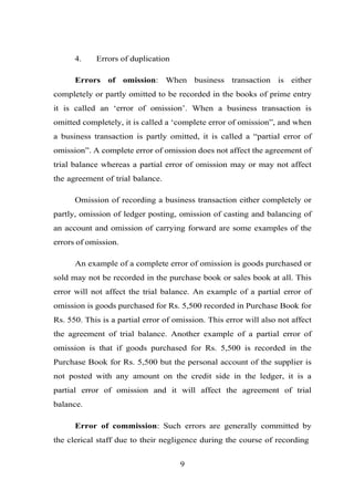4. Errors of duplication
Errors of omission: When business transaction is either
completely or partly omitted to be recorded in the books of prime entry
it is called an ‘error of omission’. When a business transaction is
omitted completely, it is called a ‘complete error of omission”, and when
a business transaction is partly omitted, it is called a “partial error of
omission”. A complete error of omission does not affect the agreement of
trial balance whereas a partial error of omission may or may not affect
the agreement of trial balance.
Omission of recording a business transaction either completely or
partly, omission of ledger posting, omission of casting and balancing of
an account and omission of carrying forward are some examples of the
errors of omission.
An example of a complete error of omission is goods purchased or
sold may not be recorded in the purchase book or sales book at all. This
error will not affect the trial balance. An example of a partial error of
omission is goods purchased for Rs. 5,500 recorded in Purchase Book for
Rs. 550. This is a partial error of omission. This error will also not affect
the agreement of trial balance. Another example of a partial error of
omission is that if goods purchased for Rs. 5,500 is recorded in the
Purchase Book for Rs. 5,500 but the personal account of the supplier is
not posted with any amount on the credit side in the ledger, it is a
partial error of omission and it will affect the agreement of trial
balance.
Error of commission: Such errors are generally committed by
the clerical staff due to their negligence during the course of recording
9
 
