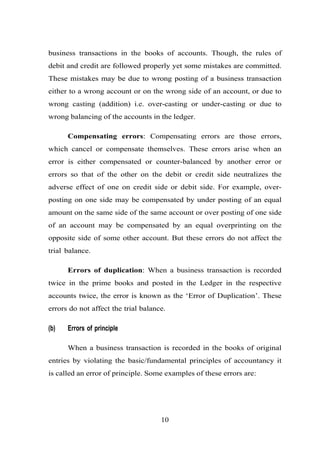 business transactions in the books of accounts. Though, the rules of
debit and credit are followed properly yet some mistakes are committed.
These mistakes may be due to wrong posting of a business transaction
either to a wrong account or on the wrong side of an account, or due to
wrong casting (addition) i.e. over-casting or under-casting or due to
wrong balancing of the accounts in the ledger.
Compensating errors: Compensating errors are those errors,
which cancel or compensate themselves. These errors arise when an
error is either compensated or counter-balanced by another error or
errors so that of the other on the debit or credit side neutralizes the
adverse effect of one on credit side or debit side. For example, over-
posting on one side may be compensated by under posting of an equal
amount on the same side of the same account or over posting of one side
of an account may be compensated by an equal overprinting on the
opposite side of some other account. But these errors do not affect the
trial balance.
Errors of duplication: When a business transaction is recorded
twice in the prime books and posted in the Ledger in the respective
accounts twice, the error is known as the ‘Error of Duplication’. These
errors do not affect the trial balance.
(b) Errors of principle
When a business transaction is recorded in the books of original
entries by violating the basic/fundamental principles of accountancy it
is called an error of principle. Some examples of these errors are:
10
 