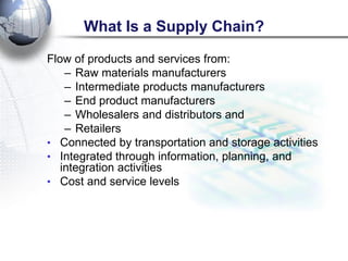 What Is a Supply Chain? 
Flow of products and services from: 
–Raw materials manufacturers 
–Intermediate products manufacturers 
–End product manufacturers 
–Wholesalers and distributors and 
–Retailers 
•Connected by transportation and storage activities 
•Integrated through information, planning, and integration activities 
•Cost and service levels  