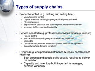 Types of supply chains 
•Product oriented (e.g. making and selling beer) 
–Manufacturing centric 
–Capital intensive (usually) & geographically concentrated 
–Physical product 
–Separation of provision and consumption, therefore movement 
–Inventory buffers demand variability 
•Service oriented (e.g. professional services; house purchase) 
–People centric 
–Not capital intensive & geographically more dispersed 
–Intangible 
–Customer and provider interact as part of the fulfilment process 
–Capacity buffers demand variability 
•Hybrids (e.g. equipment maintenance & repair/ construction/ retailing) 
–Both product and people skills equally required to deliver the solution 
–Capacity and inventory both important in managing demand variability  