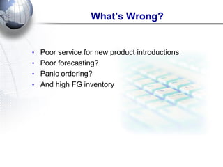 What’s Wrong? 
•Poor service for new product introductions 
•Poor forecasting? 
•Panic ordering? 
•And high FG inventory  