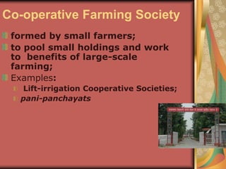 Co-operative Farming Society
formed by small farmers;
to pool small holdings and work
to benefits of large-scale
farming;
Examples:
Lift-irrigation Cooperative Societies;
pani-panchayats
 