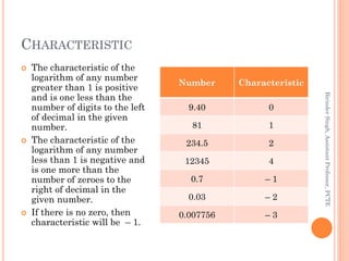 CHARACTERISTIC
 The characteristic of the
logarithm of any number
greater than 1 is positive
and is one less than the
num...