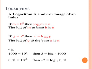 LOGARITHMS
A Logarithm is a mirror image of an
index
If m = b
n
then logbm = n
The log of m to base b is n
If y = xn
then ...