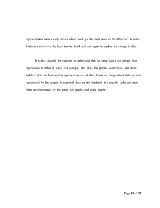 Page 10 of 37
representation most clearly shows which book got the most votes or the difference in votes.
Students can remove the least favorite book and vote again to explore the change in data.
It is also valuable for students to understand that the same data is not always best
represented in different ways. For example, line plots, bar graphs, scatterplots, and stem-
and-leaf plots are best used to represent numerical data. However, longitudinal data are best
represented by line graphs. Categorical data are not displayed in a specific order and most
often are represented by line plots, bar graphs, and circle graphs.
 