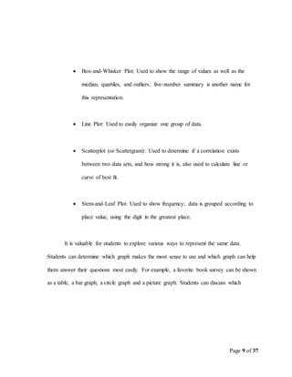 Page 9 of 37
 Box-and-Whisker Plot: Used to show the range of values as well as the
median, quartiles, and outliers; five-number summary is another name for
this representation.
 Line Plot: Used to easily organize one group of data.
 Scatterplot (or Scattergram): Used to determine if a correlation exists
between two data sets, and how strong it is, also used to calculate line or
curve of best fit.
 Stem-and-Leaf Plot: Used to show frequency; data is grouped according to
place value, using the digit in the greatest place.
It is valuable for students to explore various ways to represent the same data.
Students can determine which graph makes the most sense to use and which graph can help
them answer their questions most easily. For example, a favorite book survey can be shown
as a table, a bar graph, a circle graph and a picture graph. Students can discuss which
 