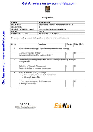 Get Answers on www.smuHelp.comGetAnswersonwww.smuHelp.com
Assignment
DRIVE SPRING 2014
PROGRAM Bachelor of Business Administration- BBA
SEMESTER 2
SUBJECT CODE & NAME BBA202: BUSINESS STRATEGY
BK ID B1519
CREDIT & MARKS 2 CREDITS; 30 MARKS
Note: Answer all questions. Each question is followed by evaluation scheme.
Q. No Questions Marks Total Marks
1 What is business strategy? Explain the need for business strategy.
Meaning of business strategy
Explanation of the need for business strategy
3
7
10
2 Define strategic management. What are the causes for failure of Strategic
Management?
Definition of Strategic Management
Causes for failure of Strategic Management
3
7
10
3 Write short notes on the following:
a) Core competencies and their importance
b) Strategic leadership.
a) Core competencies and their importance
b) Strategic leadership.
5
5
10
 