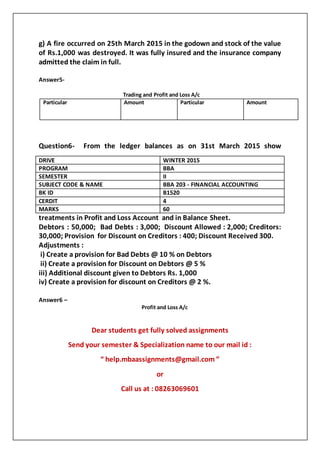 g) A fire occurred on 25th March 2015 in the godown and stock of the value
of Rs.1,000 was destroyed. It was fully insured and the insurance company
admitted the claim in full.
Answer5-
Trading and Profit and Loss A/c
Particular Amount Particular Amount
Question6- From the ledger balances as on 31st March 2015 show
treatments in Profit and Loss Account and in Balance Sheet.
Debtors : 50,000; Bad Debts : 3,000; Discount Allowed : 2,000; Creditors:
30,000; Provision for Discount on Creditors : 400; Discount Received 300.
Adjustments :
i) Create a provision for Bad Debts @ 10 % on Debtors
ii) Create a provision for Discount on Debtors @ 5 %
iii) Additional discount given to Debtors Rs. 1,000
iv) Create a provision for discount on Creditors @ 2 %.
Answer6 –
Profit and Loss A/c
Dear students get fully solved assignments
Send your semester & Specialization name to our mail id :
“ help.mbaassignments@gmail.com ”
or
Call us at : 08263069601
DRIVE WINTER 2015
PROGRAM BBA
SEMESTER II
SUBJECT CODE & NAME BBA 203 - FINANCIAL ACCOUNTING
BK ID B1520
CERDIT 4
MARKS 60
 