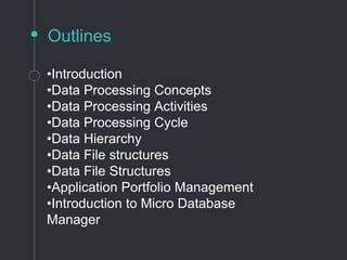 Outlines
•Introduction
•Data Processing Concepts
•Data Processing Activities
•Data Processing Cycle
•Data Hierarchy
•Data File structures
•Data File Structures
•Application Portfolio Management
•Introduction to Micro Database
Manager
 