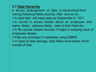2.7 Data Hierarchy
It shows arrangement of data in hierarchical form
having following fields,records, files and so on.
A data field will keep date as September 8, 1971.
A record is shows details about an employee with
name fields, address fields, date of birth field etc.
A file carries related records. It helps in keeping track of
employee details.
Files are arranged in database using DBMS.
In case of data storage, data fields have bytes which
consist of bits.
 