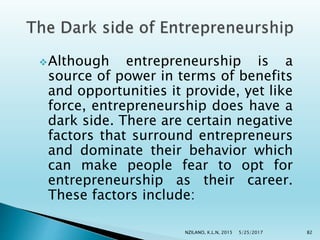 Although entrepreneurship is a
source of power in terms of benefits
and opportunities it provide, yet like
force, entrepreneurship does have a
dark side. There are certain negative
factors that surround entrepreneurs
and dominate their behavior which
can make people fear to opt for
entrepreneurship as their career.
These factors include:
5/25/2017NZILANO, K.L.N, 2015 82
 