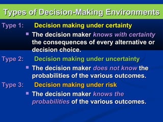 Types of Decision-Making Environments
Type 1:


Type 2:


Type 3:


Decision making under certainty
The decision maker knows with certainty
the consequences of every alternative or
decision choice.
Decision making under uncertainty
The decision maker does not know the
probabilities of the various outcomes.
Decision making under risk
The decision maker knows the
probabilities of the various outcomes.

 