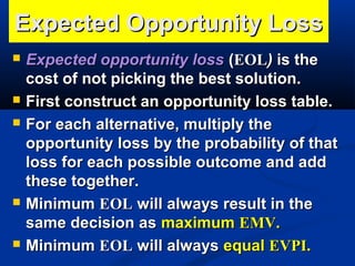 Expected Opportunity Loss









Expected opportunity loss (EOL) is the
cost of not picking the best solution.
First construct an opportunity loss table.
For each alternative, multiply the
opportunity loss by the probability of that
loss for each possible outcome and add
these together.
Minimum EOL will always result in the
same decision as maximum EMV.
Minimum EOL will always equal EVPI.

 