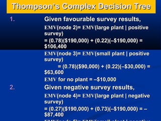 Thompson’s Complex Decision Tree
1.

Given favourable survey results,
EMV(node 2)= EMV(large plant | positive
survey)
= (0.78)($190,000) + (0.22)(–$190,000) =
$106,400
EMV(node 3)= EMV(small plant | positive
survey)
= (0.78)($90,000) + (0.22)(–$30,000) =
$63,600
EMV for no plant = –$10,000

2.

Given negative survey results,
EMV(node 4)= EMV(large plant | negative
survey)
= (0.27)($190,000) + (0.73)(–$190,000) = –
$87,400

 