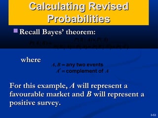 Calculating Revised
Probabilities
 Recall Bayes’ theorem:

P ( B | A ) × P ( A)
P( A | B) =
P ( B | A) × P ( A) + P ( B | A′ ) × P ( A′ )

where

A, B = any two events
A′ = complement of A

For this example, A will represent a
favourable market and B will represent a
positive survey.
3-53

 