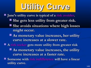 Utility Curve
 Jane’s utility curve is typical of a risk avoider.

 She gets less utility from greater risk.
 She avoids situations where high losses

might occur.
 As monetary value increases, her utility
curve increases at a slower rate.
 A risk seeker gets more utility from greater risk

 As monetary value increases, the utility

curve increases at a faster rate.

 Someone with risk indifference will have a linear

utility curve.

3-69

 