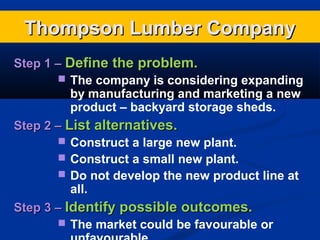 Thompson Lumber Company
Step 1 – Define the problem.
 The company is considering expanding
by manufacturing and marketing a new
product – backyard storage sheds.
Step 2 – List alternatives.
 Construct a large new plant.
 Construct a small new plant.
 Do not develop the new product line at
all.
Step 3 – Identify possible outcomes.
 The market could be favourable or

 