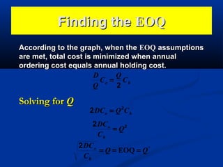 Finding the EOQ
According to the graph, when the EOQ assumptions
are met, total cost is minimized when annual
ordering cost equals annual holding cost.
D
Q
Co = Ch
Q
2

Solving for Q

2 DC o = Q 2C h
2 DC o
= Q2
Ch
2 DC o
= Q = EOQ = Q *
Ch

 