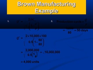 Brown Manufacturing
Example
1.

2 DC s
Q =
 d
C h  1− 
p

*

2 × 10,000 × 100
Q =
 60 
0.5 1 − 
 80 

2.

Q
Production cycle =
p
4,000
=
= 50 days
80

*

2,000,000
=
= 16,000,000
0.5 1
4

( )

= 4,000 units

 