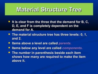 Material Structure Tree








It is clear from the three that the demand for B, C,
D, E, and F is completely dependent on the
demand for A.
The material structure tree has three levels: 0, 1,
and 2.
Items above a level are called parents.
Items below any level are called components.
The number in parenthesis beside each item
shows how many are required to make the item
above it.

 