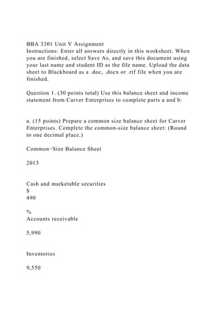 BBA 3301 Unit V Assignment
Instructions: Enter all answers directly in this worksheet. When
you are finished, select Save As, and save this document using
your last name and student ID as the file name. Upload the data
sheet to Blackboard as a .doc, .docx or .rtf file when you are
finished.
Question 1. (30 points total) Use this balance sheet and income
statement from Carver Enterprises to complete parts a and b:
a. (15 points) Prepare a common size balance sheet for Carver
Enterprises. Complete the common-size balance sheet: (Round
to one decimal place.)
Common−Size Balance Sheet
2013
Cash and marketable securities
$
490
%
Accounts receivable
5,990
Inventories
9,550
 