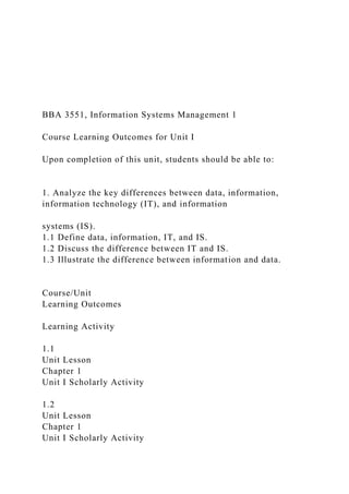 BBA 3551, Information Systems Management 1
Course Learning Outcomes for Unit I
Upon completion of this unit, students should be able to:
1. Analyze the key differences between data, information,
information technology (IT), and information
systems (IS).
1.1 Define data, information, IT, and IS.
1.2 Discuss the difference between IT and IS.
1.3 Illustrate the difference between information and data.
Course/Unit
Learning Outcomes
Learning Activity
1.1
Unit Lesson
Chapter 1
Unit I Scholarly Activity
1.2
Unit Lesson
Chapter 1
Unit I Scholarly Activity
 