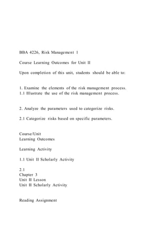 BBA 4226, Risk Management 1
Course Learning Outcomes for Unit II
Upon completion of this unit, students should be able to:
1. Examine the elements of the risk management process.
1.1 Illustrate the use of the risk management process.
2. Analyze the parameters used to categorize risks.
2.1 Categorize risks based on specific parameters.
Course/Unit
Learning Outcomes
Learning Activity
1.1 Unit II Scholarly Activity
2.1
Chapter 3
Unit II Lesson
Unit II Scholarly Activity
Reading Assignment
 