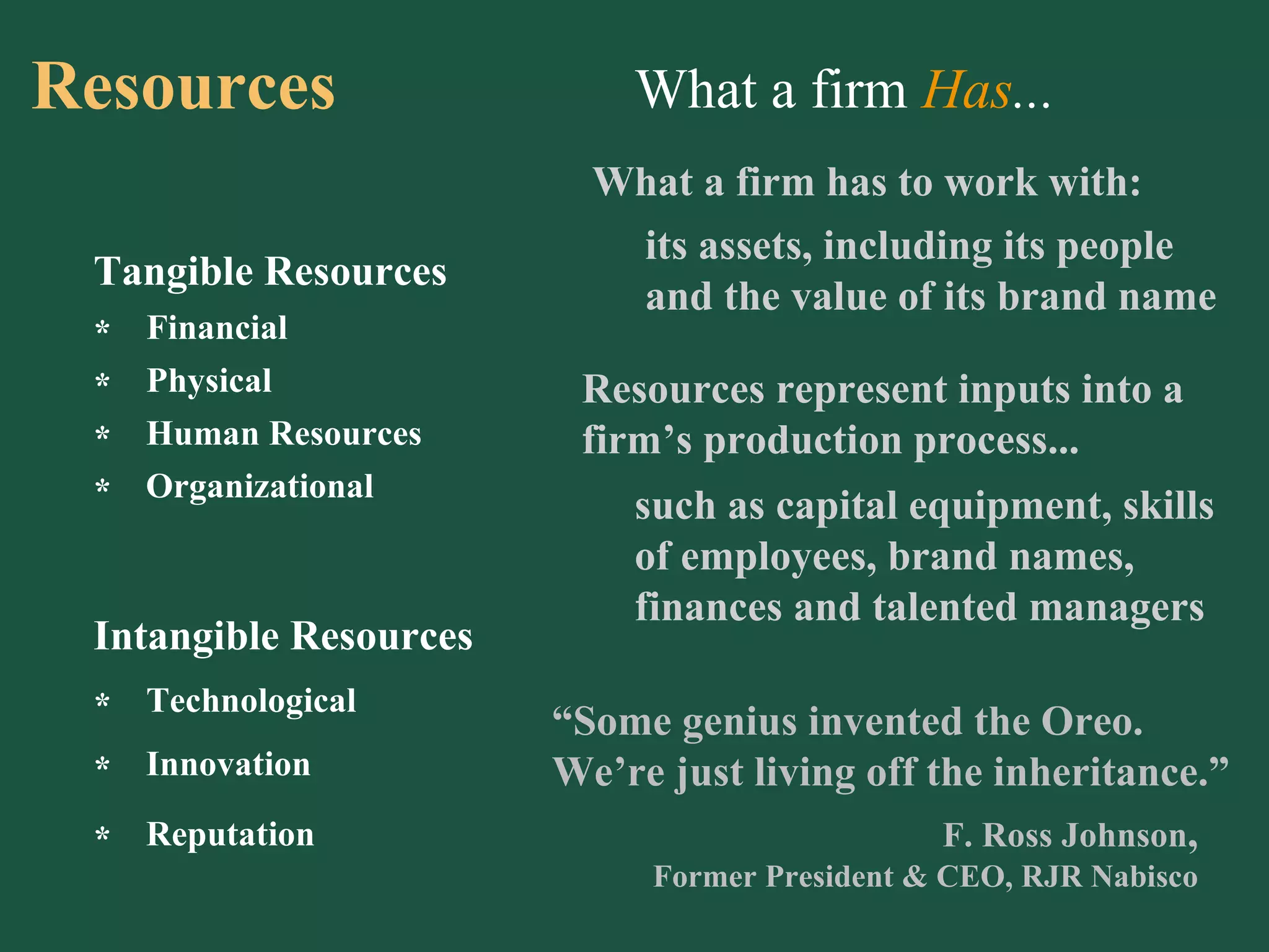 Tangible Resources What a firm  Has ... What a firm has to work with: its assets, including its people and the value of its brand name Resources represent inputs into a firm’s production process... such as capital equipment, skills of employees, brand names, finances and talented managers Intangible Resources “ Some genius invented the Oreo.  We’re just living off the inheritance.” F. Ross Johnson , Former President & CEO, RJR Nabisco Resources Financial * Physical * Human Resources * Organizational * Technological * Innovation * Reputation * 