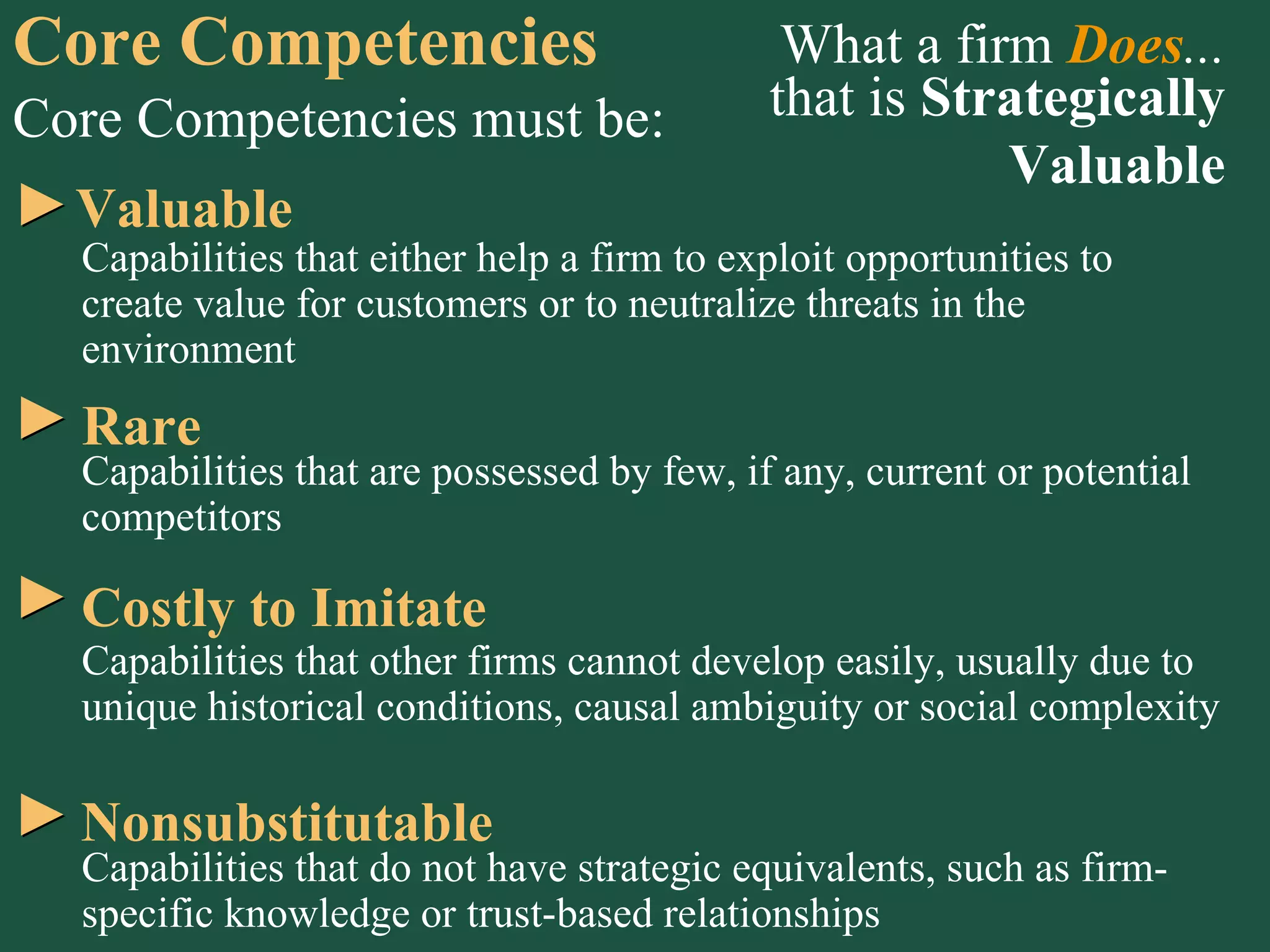 Core Competencies must be: Nonsubstitutable Capabilities that do not have strategic equivalents, such as firm-specific knowledge or trust-based relationships What a firm  Does ... that is  Strategically Valuable Core Competencies Valuable Rare Costly to Imitate Capabilities that other firms cannot develop easily, usually due to unique historical conditions, causal ambiguity or social complexity Capabilities that are possessed by few, if any, current or potential competitors Capabilities that either help a firm to exploit opportunities to create value for customers or to neutralize threats in the environment 