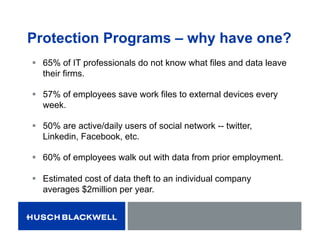Protection Programs – why have one?
 65% of IT professionals do not know what files and data leave
their firms.
 57% of employees save work files to external devices every
week.
 50% are active/daily users of social network -- twitter,
Linkedin, Facebook, etc.
 60% of employees walk out with data from prior employment.
 Estimated cost of data theft to an individual company
averages $2million per year.
 