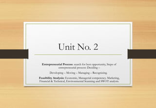 Unit No. 2
 
Entrepreneurial Process: search for best opportunity, Steps of
entrepreneurial process: Deciding –
Developing – Moving – Managing – Recognizing.  
Feasibility Analysis: Economic, Managerial competency. Marketing,
Financial & Technical, Environmental Scanning and SWOT analysis.
 