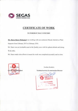 Experience certificate from the SEGAS Company