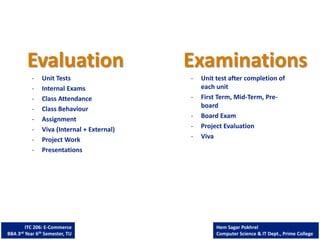 - Unit Tests
- Internal Exams
- Class Attendance
- Class Behaviour
- Assignment
- Viva (Internal + External)
- Project Work
- Presentations
Evaluation
- Unit test after completion of
each unit
- First Term, Mid-Term, Pre-
board
- Board Exam
- Project Evaluation
- Viva
Examinations
ITC 206: E-Commerce
BBA 3rd Year 6th Semester, TU
Hem Sagar Pokhrel
Computer Science & IT Dept., Prime College
 