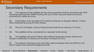 Secondary Requirements
• {A} The trajectory of the satellites during closest approach shall be monitored with GPS,
including back/side lobe GNSS tracking, the use of tens of ground stations and post
processing for added accuracy.
• {B} Confirmation of an anomalous DV shall be achieved via (Doppler effects) X-band
radio broadcasting during the flyby phases.
• {C} The error of Doppler velocity measurements shall be at maximum 0.5 mm/s.
• {D} The satellites will be constrained to a standard 3u/6u format.
• {E} The satellites will perform flybys with sufficient hyperbolic excess velocity and
change in declination to produce an anomaly of at least ±3 mm/s.
• {F} The altitude of periapse upon each flyby shall be between 500 and 2000 km, the
best fit range of the phenomenological formula.
Speaker: Graeme Ramsey
Background | Mission Statements | Requirements | Constraints | ConOps | Baseline | Trade Studies | Design Selection 9
 
