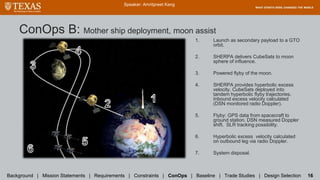 ConOps B: Mother ship deployment, moon assist
Speaker: Amritpreet Kang
1. Launch as secondary payload to a GTO
orbit.
2. SHERPA delivers CubeSats to moon
sphere of influence.
3. Powered flyby of the moon.
4. SHERPA provides hyperbolic excess
velocity. CubeSats deployed into
tandem hyperbolic flyby trajectories.
Inbound excess velocity calculated
(DSN monitored radio Doppler).
5. Flyby: GPS data from spacecraft to
ground station. DSN measured Doppler
shift. SLR tracking possibility.
6. Hyperbolic excess velocity calculated
on outbound leg via radio Doppler.
7. System disposal.
Background | Mission Statements | Requirements | Constraints | ConOps | Baseline | Trade Studies | Design Selection 16
 