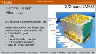 Comms Design:
Alternative
Speaker: Graeme Ramsey
Background | Mission Statements | Requirements | Constraints | ConOps | Baseline | Trade Studies | Design Selection 19
JPL designed X band transponder [34].
Design resource for Ling Budget and
comms system characteristics [34]:
• 1 U with 0.5U goal
• ~1 Kg
• 8 W, active with ~3 W goal
• ~>1 m ranging accuracy
• Goal of ~$100k unit cost
 