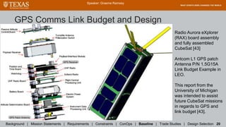 Speaker: Graeme Ramsey
Background | Mission Statements | Requirements | Constraints | ConOps | Baseline | Trade Studies | Design Selection 20
Radio Aurora eXplorer
(RAX) board assembly
and fully assembled
CubeSat [43]
Antcom L1 GPS patch
Antenna P/N 1.5G15A
Link Budget Example in
LEO.
This report from the
University of Michigan
was intended to assist
future CubeSat missions
in regards to GPS and
link budget [43].
GPS Comms Link Budget and Design
 