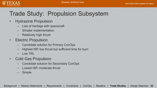 Trade Study: Propulsion Subsystem
• Hydrazine Propulsion
– Lots of heritage with spacecraft
– Simpler implementation
– Relatively high thrust
• Electric Propulsion
– Candidate solution for Primary ConOps
– Highest ISP, low thrust but sufficient time for burn
– Low TRL
• Cold Gas Propulsion
– Candidate solution for Secondary ConOps
– Lowest ISP, moderate thrust
– Simple
Speaker: Anthony Huet
Background | Mission Statements | Requirements | Constraints | ConOps | Baseline | Trade Studies | Design Selection 30
 