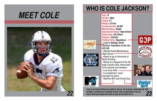 MEET COLE
WHO IS COLE JACKSON?
Age: 16
Gender: Male
Height: 6’1
Weight: 210 lbs
Annual Income: $5,000
Marital Status: Single
Educational Status: High School
Citizenship: US Citizen
Religion: Catholic
Political Party: Republican
- Lives in Raleigh, North
Carolina. Population of the city:
423,100.
- Attends South Mecklenburg
High School.
- Hopes to go to University of
North Carolina.
- Works as a lifeguard at the Ra-
leigh Country Club, where both
of his parents are members.
- Is an only child.
- Is considered a “jock”
amongst his peers.
- Watches MTV and Family Guy.
Cole is currently driving his mother’s old car. He recently celebrated his 16th
birthday. Coming from a wealthy family, Cole is expecting a new car
that is bold and makes him look as cool as he thinks he is.22 23
 