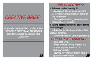OUR CREATIVE BRIEF WILL EXPLAIN THE
SPECIFIC ELEMENTS AND STRATEGIES
OUR ADVERTISING CAMPAIGN WILL
CONSIST OF.
CREATIVE BRIEF:
OUR OBJECTIVES:
1. Raise our market share by 6%.
	 - By raising it 6%, we would have 30%		
	 of the market, which is almost a third of		
	 the consumers.
	 - With good advertising, we believe that 	
	 this number is reachable.
2. Making people aware of the power behind
the Challenger
	 - Advertise the Challenger that would at-
tract our personas.
	 - Differentiate the car from its compeitors.
- Men, ages 18-49.
- These men are striving to stand out,
because they are “common” or
“ordinary” people.
- Seeking the American dream; have a
loyalty to american cars.
OUR TARGET AUDIENCE:
28 29
 