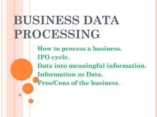 1
BUSINESS DATA
PROCESSING
How to process a business.
IPO cycle.
Data into meaningful information.
Information as Data.
Pros/Cons of the business.
 